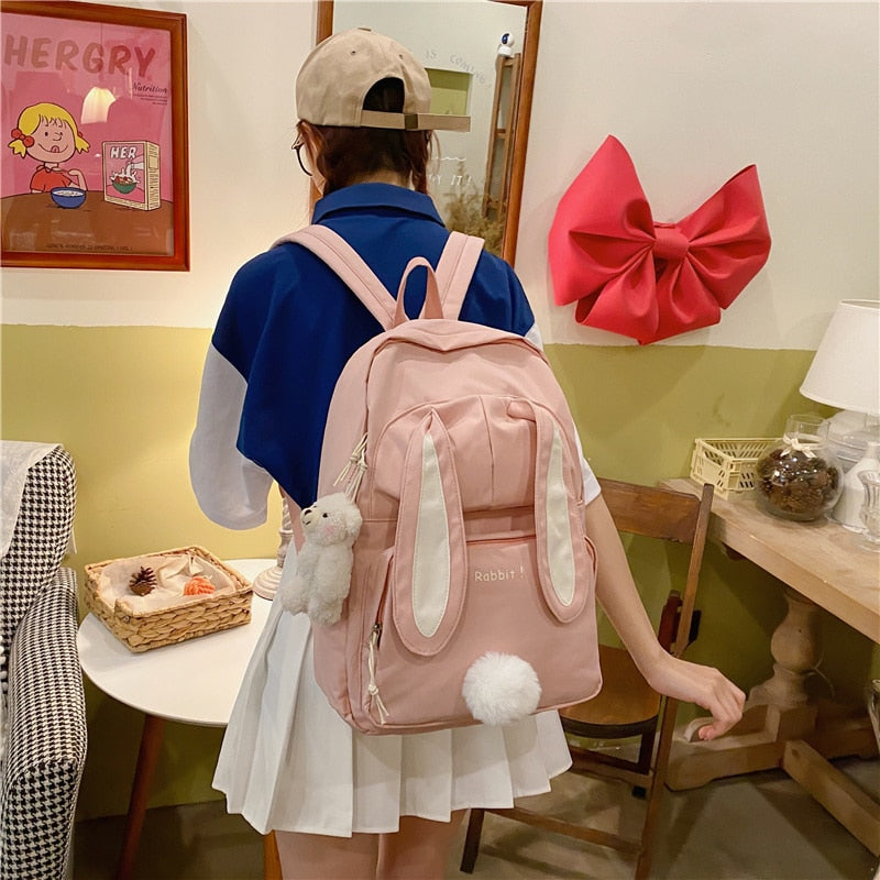 swvws  Cute Rabbit Young Girl School Backpack Female Large Capacity Kawaii Back Pack Mochila Pink Women Bagpack Nylon Cartoon Schoolbag