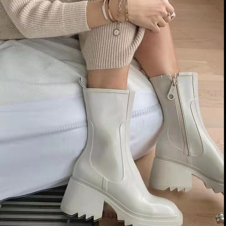 swvws  New Square Toe Rain Boots For Women Chunky Heel Thick Sole Ankle Boots Designer Chelsea Boots Ladies Rubber Boot Rain Shoes