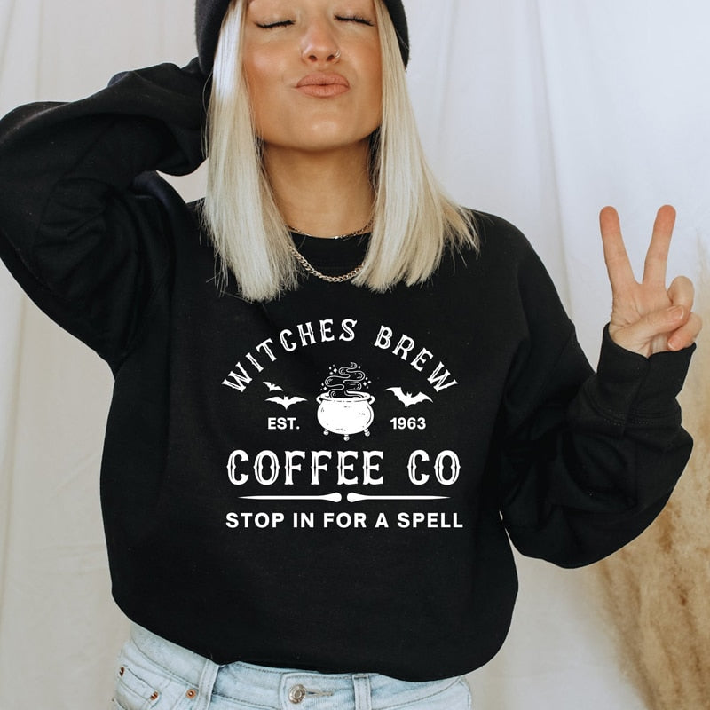 swvws Halloween Costume Witches Brew Coffee Co Sweatshirt Aesthetic Witchy Woman Halloween Drinking Pullovers Streetwear