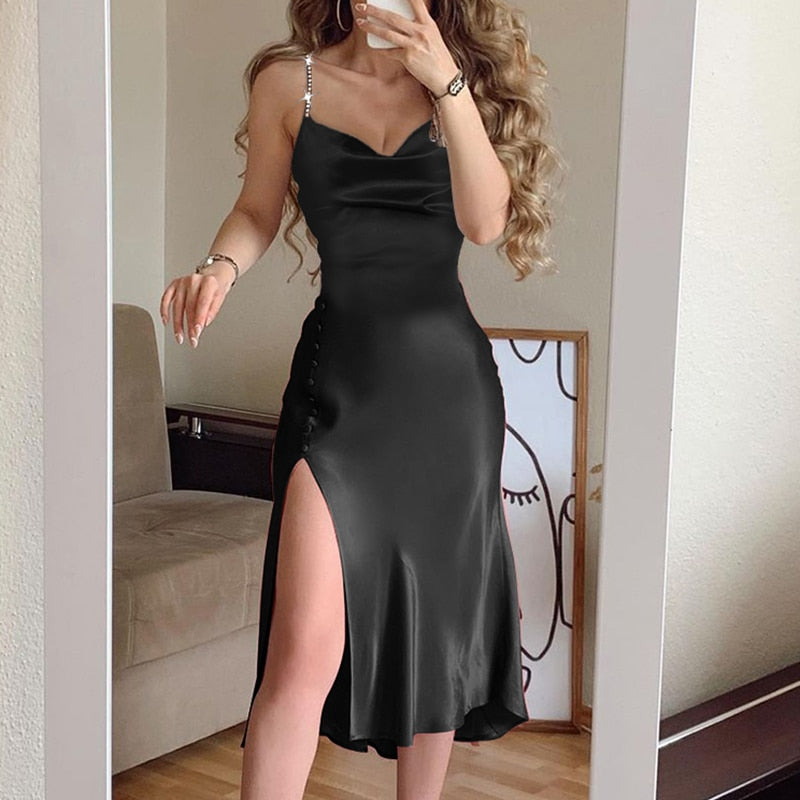 swvws Women Fashion Spaghetti Strap Midi Dress Slip Dress Women Sexy Slim Fit Bodycon High Slit Party Dress