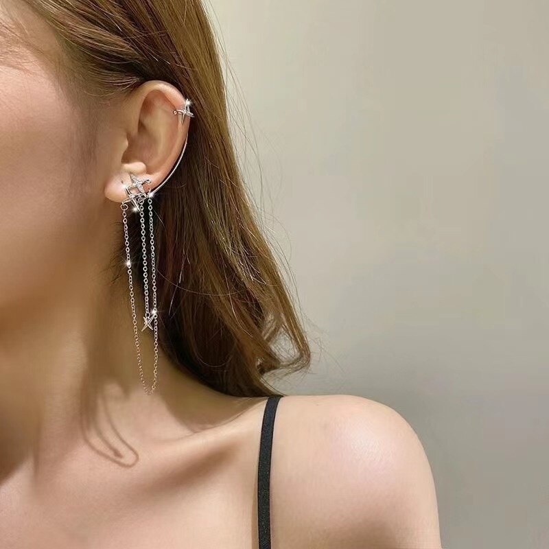 swvws Crystal Butterfly Tassel Ear Cuff Earrings for Women Gold Silver Color No Pierced Ear Clip Hook Fashion Party Jewelry