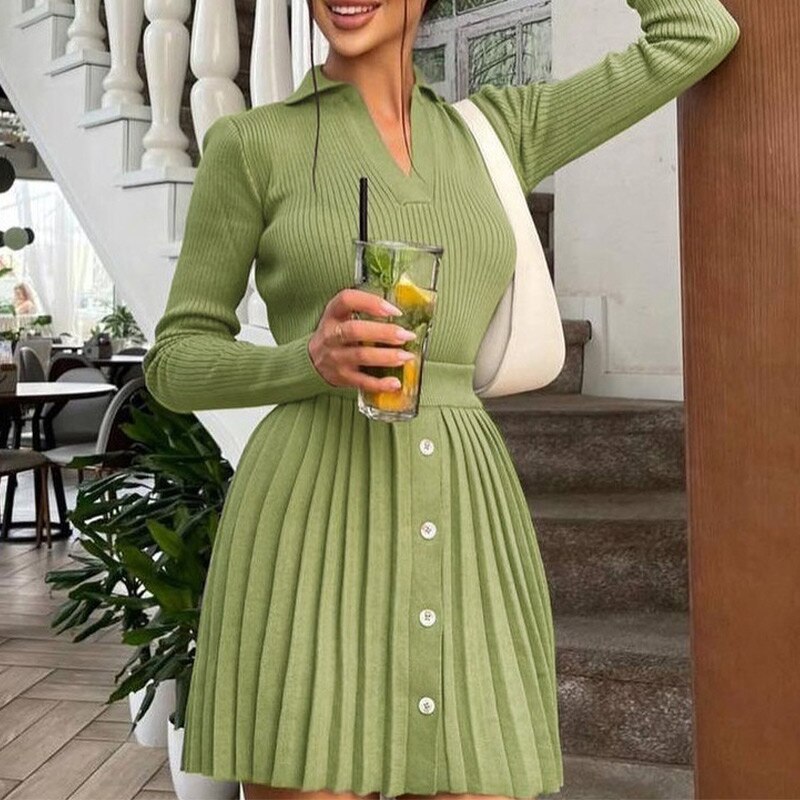 swvws Knit Women's Pleated Skirt Slim Pullovers Set  Autumn Buttons Long Sleeve Knitwear Mini Skirt Sets Ladies Party Tops Suits