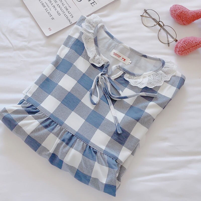 swvws Nightgowns Women Plaid Sweet Bow Knot Collar Mid-Long Sleepshirt For Girls Homewear Breathable High Quality Soft Fashion Korean