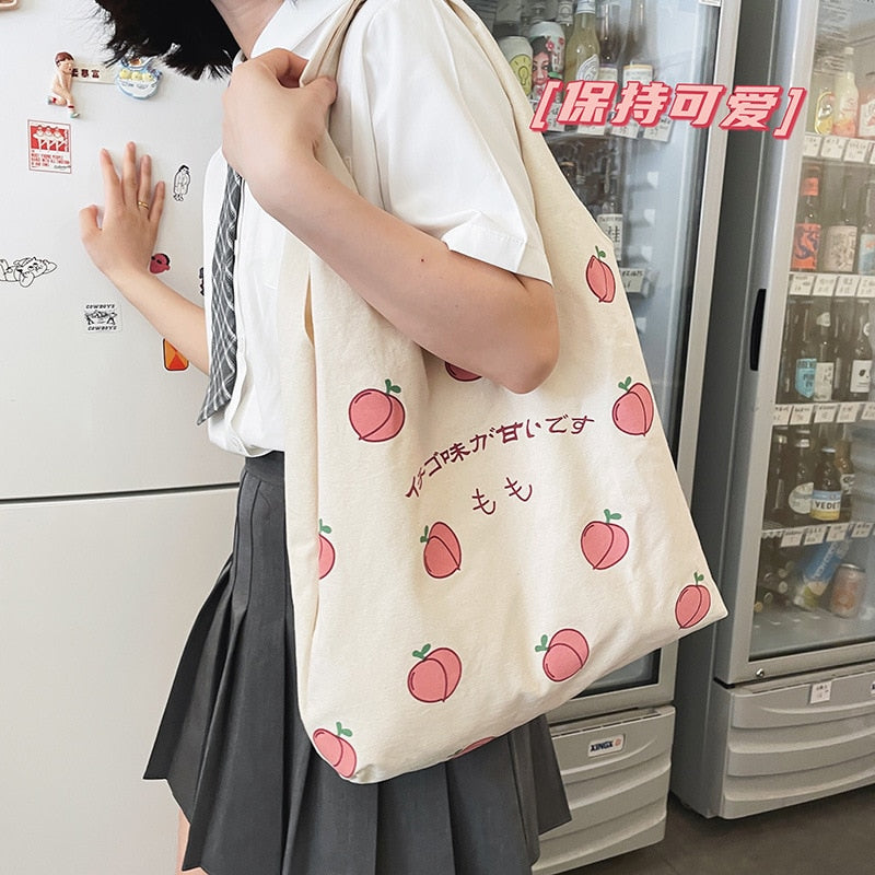 swvws  Japanese Peach Print Tote Bag Large-capacity Shoulder Bag For Women Shopper Bag Canvas Bag Handbag Student Bags Bolsa Feminina