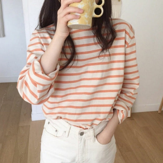 swvws Harteen T Shirt Loose Cotton Striped Tshirt Women Autumn Long Sleeves O-Neck Korean All-Match Basic Woman Top Femme Tee T-Shirts