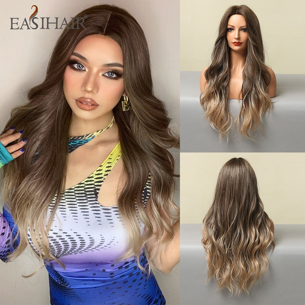 swvws  Long Body Wave Wigs Ombre Black Brown Blonde Synthetic Wig Cosplay Middle Part Natural Heat Resistant Wig For Women