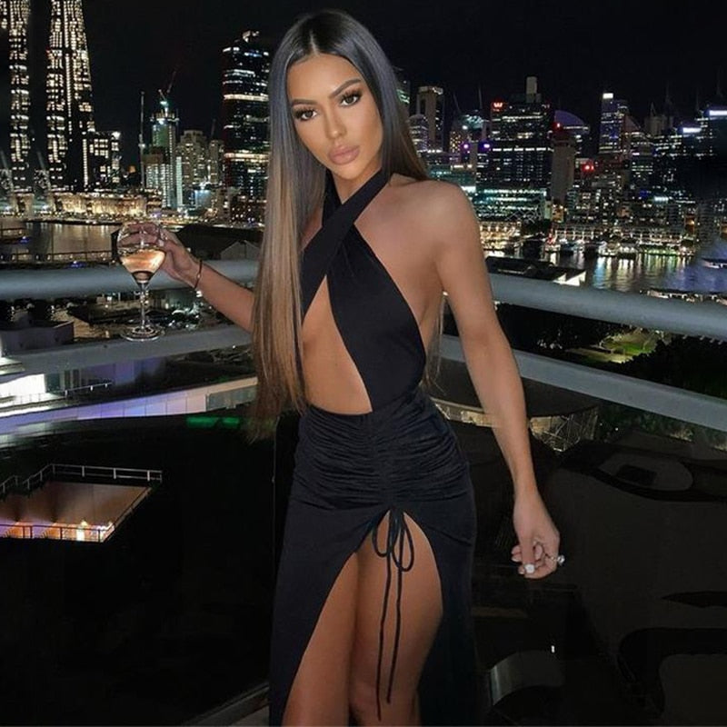 swvws Halter Drawstring Sexy Bodycon Bandage Dress Women Summer Dress Split Hollow Out Backless Long Maxi Dresses