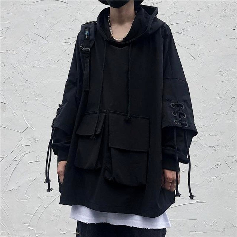 swvws Back To School  Black Hooded Sweatshirts Men's Hoodies Goth Darkwear Gothic Clothes Punk Clothing Japanese Streetwear Hip Hop