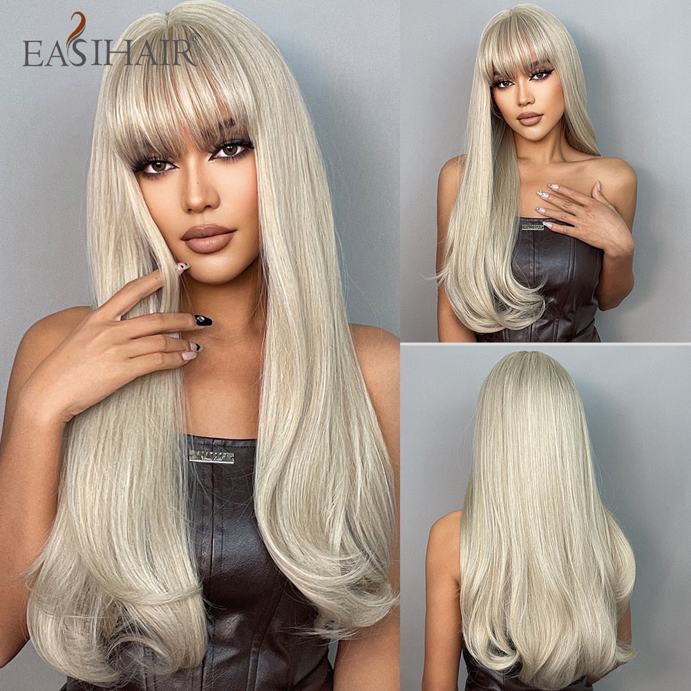 swvws  Long Black Wigs Cosplay Body Wave Synthetic Wigs With Bangs For White/Black Women Brazilian American Natural Hair