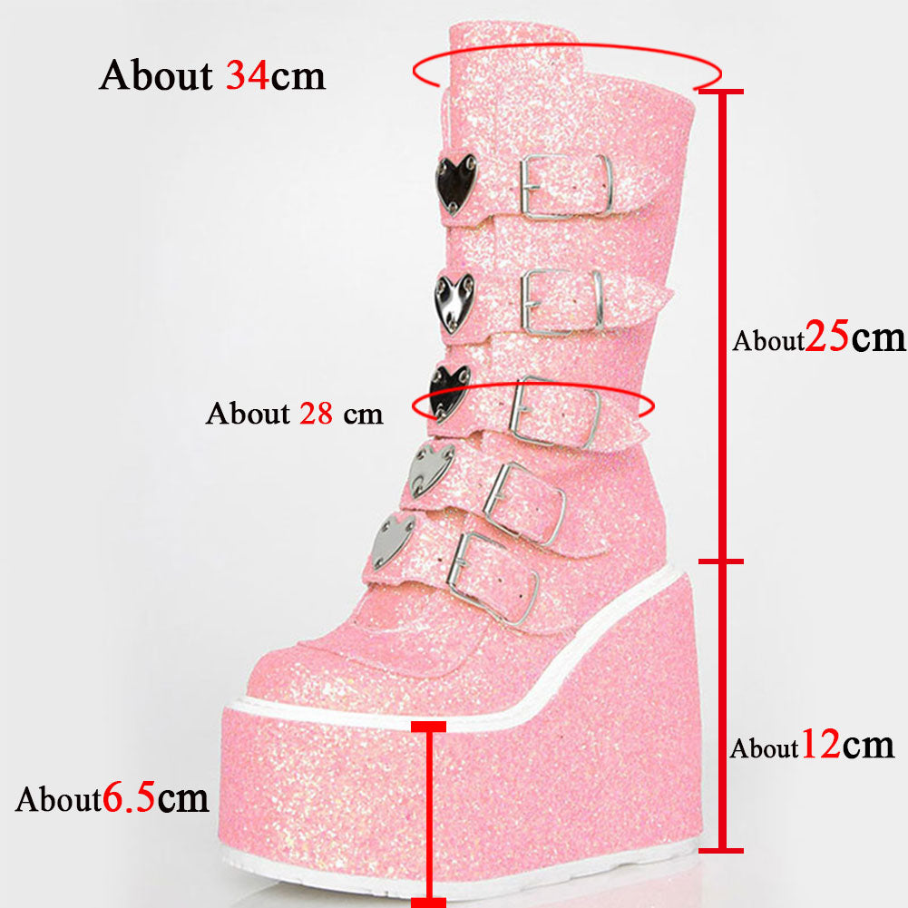 swvws Platform Wedges Combat Women Boots Sequins Sequin Glitter Zipper Punk Cool Motorcycle Ladies Shoes