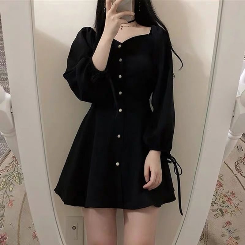 swvws Vintage Gothic Black Dress Women Autumn Long Sleeve Lace Up Goth Party Dresses Female Sexy V-Neck High Waist Mini A-Line Dresses