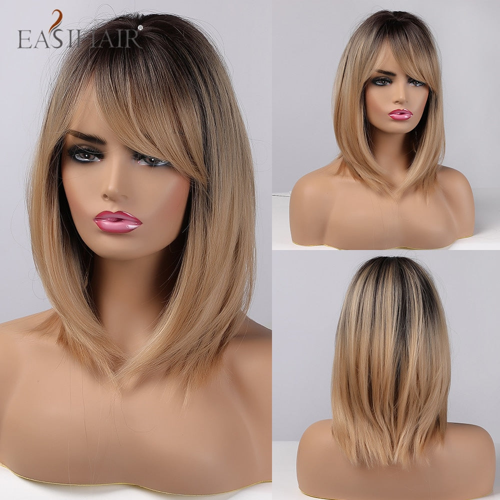 swvws  Short Straight Bob Wigs With Bang Golden Brown Natural Synthetic Hair For Women Daily Cosplay Heat Resistant Fiber Wigs