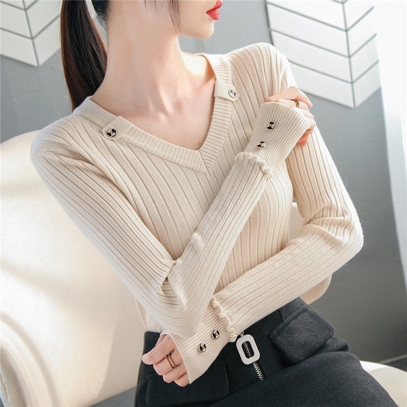 swvws  NEW Autumn Women Sweater Knitted Long Sleeve Casual V-Neck Pullovers Slim-Fit Tops Vintage Button Office Chic Sweater