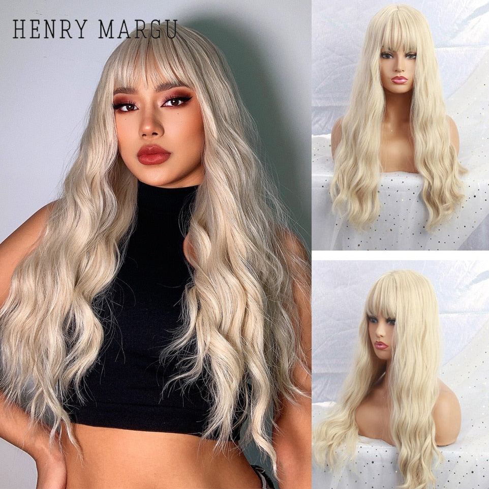 Pure Blonde Synthetic Hair Wigs Long Water Wave Wig for Women Colored Cosplay Lolita Wig with Bangs Heat Resistant