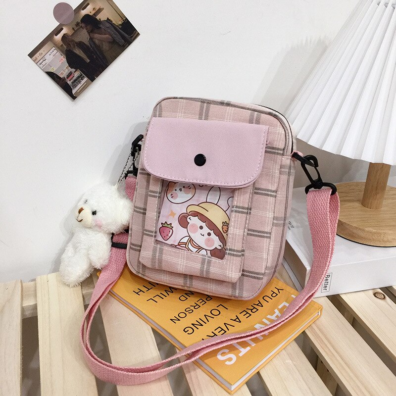 swvws  Japanese Lovely Small Bag Women Plaid Flap New Crossbody Bags Girls Nylon Shoulder Bag Bolsa Feminina Transparent Pocket Bags