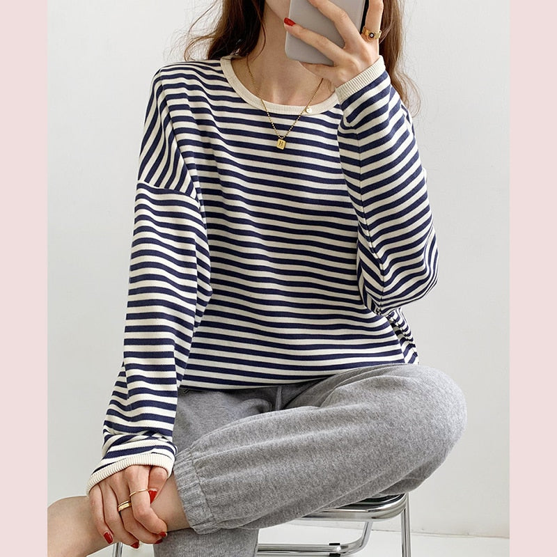 swvws Loose Striped Tshirt Women Cotton Long Sleeve Tops T-Shirt Casual Korean Fashion O-Neck Tee Shirt Femme  New Autumn Female