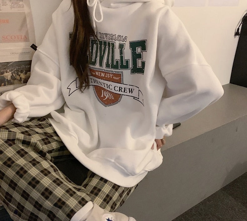 swvws Korean Fashion Hoodies For Women Hooded Warm Fleece Gray White Sweatshirt Female Winter Loose Leisure M-XL Size Print Top