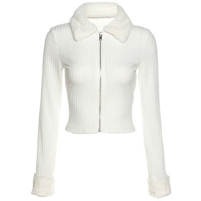 swvws Fashion Fur Collar Long Sleeve Slim Knitted Cardigan Solid Color Screw Thread Open Navel Zipper Sweater Khz3