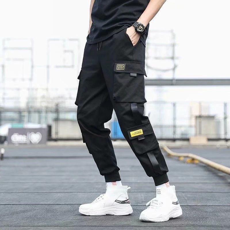 swvws Mens Vintage Hip Hop Style Baggy Jeans Men's Side Pockets Cargo Harem Pants Ribbons Black Hip Hop Casual Male Joggers Trousers Fashion Casual Streetwear Pants 5XL