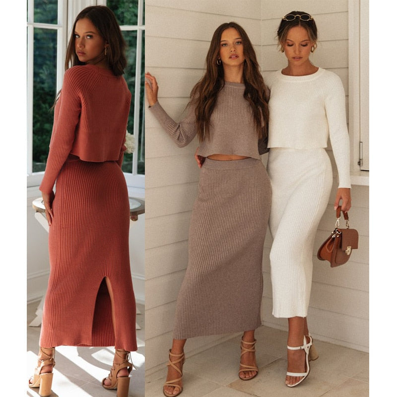 swvws Knitted 2 Pieces Set Women Pullovers Sweater Crop Tops & Knitted Skirts Bodycon Office Lady Skirts 2PCS Suits  Winter Cloth