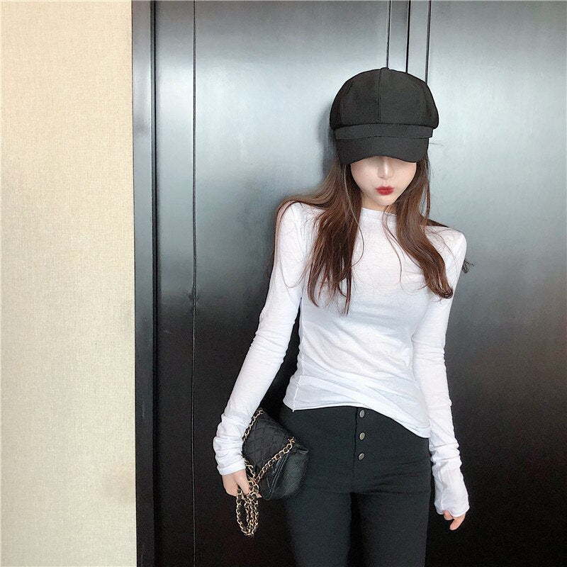 swvws Long Sleeve Tops For Women Solid Cotton Tee Shirt Femme Korean Fashion Clothing Casual Tshirts Slim T-Shirt Tees Spring Autumn