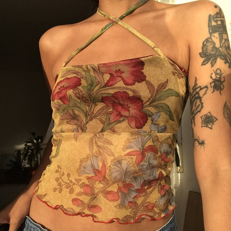 swvws Ladies Summer Sexy Midriff-Baring Camisole Women Floral Printing Stringy Selvedge Hem Hanging Neck Sleeveless Mesh Tops