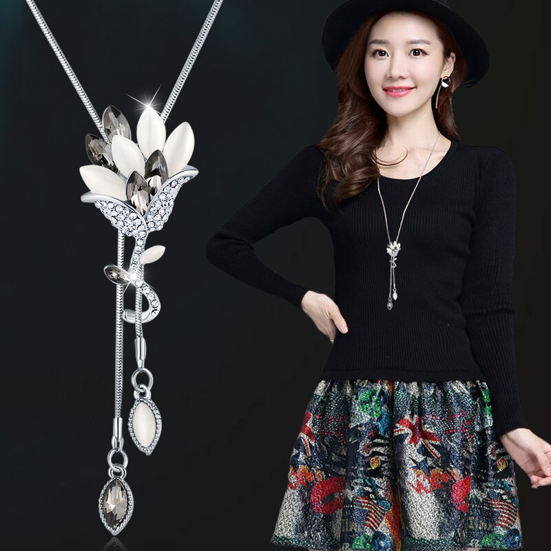 swvws Fashion Long Chain Sweater Necklaces & Pendants for Women Blue Opal Rhinestone Flower Pendant Necklace Female Jewelry