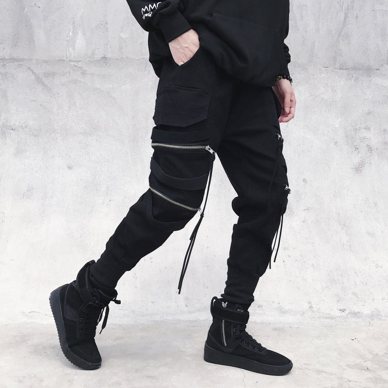 swvws Back To School  Black Cargo Pants Punk Pants Punk Rave Joggers Men Jogging Autumn Korean Streetwear Hip Hop Zipper Ribbon