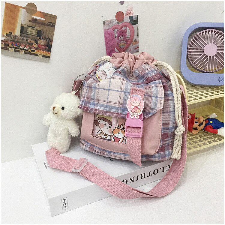 swvws New Summer Bucket Bag Women Plaid Nylon Bag Girls Small Crossbody Bags Handbag Mobile Phone Bag Drawstring Shoulder Bag Bolsos