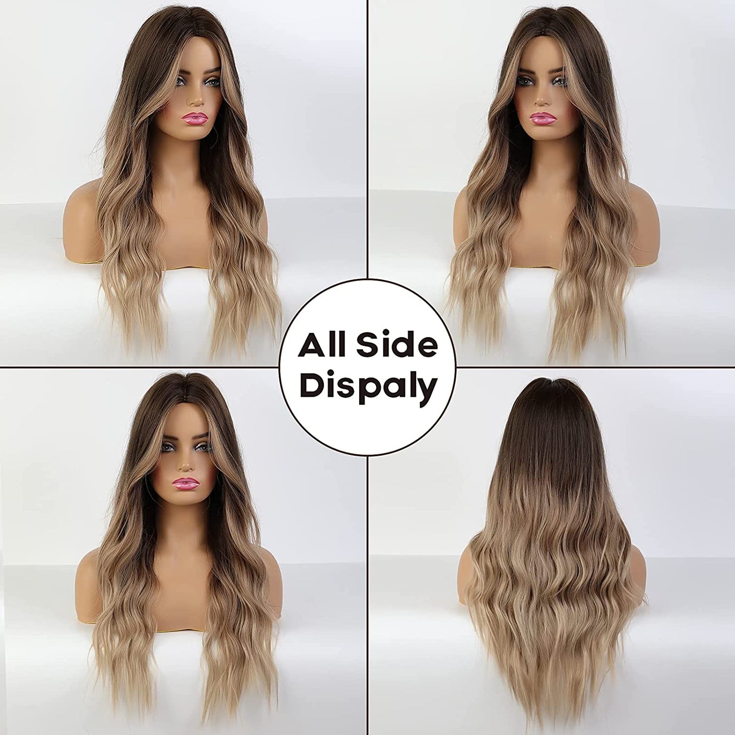 swvws  Long Body Wave Wigs Ombre Black Brown Blonde Synthetic Wig Cosplay Middle Part Natural Heat Resistant Wig For Women