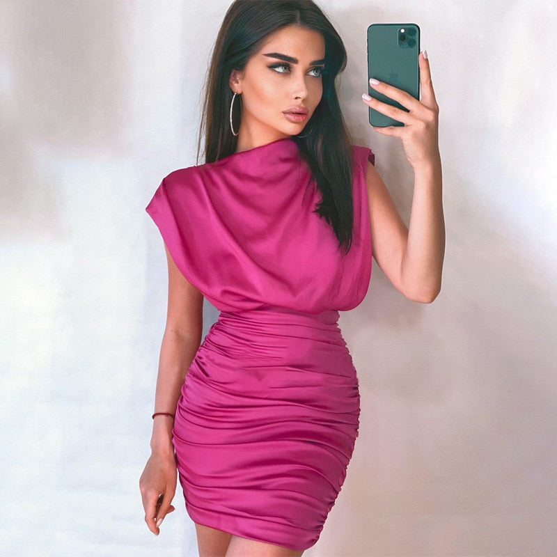 swvws Satin Women Sleeve Mini Dress Ruched Bodycon Sleeveless Hollow Out Sexy Elegant Party Dresses Autumn Winter ASDR82438