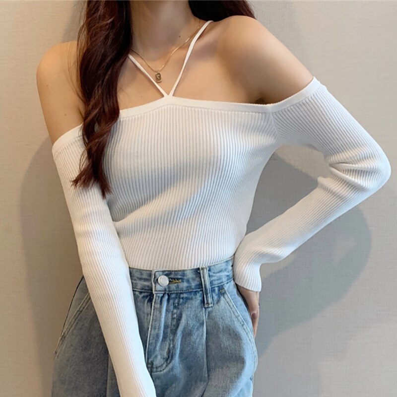 swvws Harteen Slim Without Shoulder Crop Sweater Long Sleeve Top Female Chic Knitted Short Tops Soild All-Match Girl Halter Sweaters