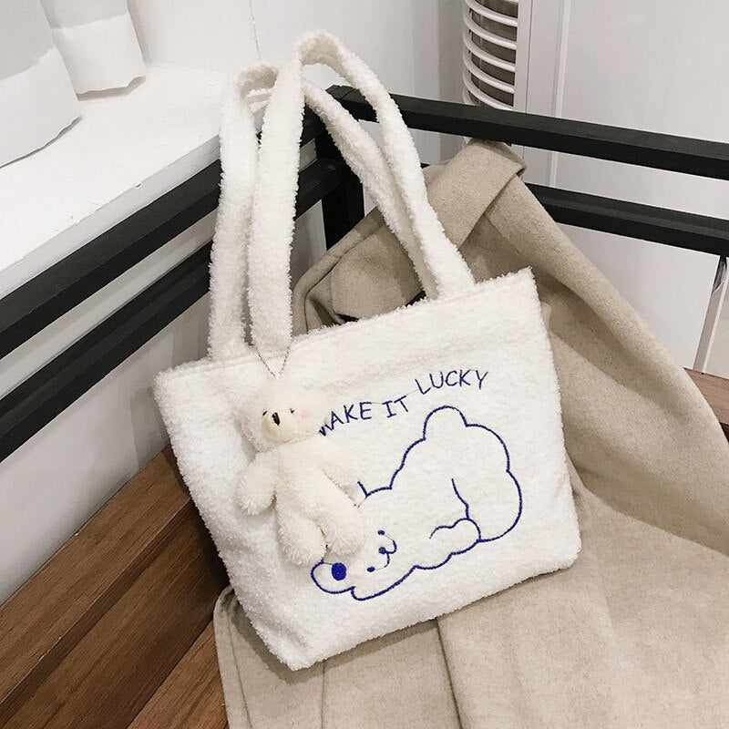 swvws  Women's Bag New Plush Tote Bag For Women  Cartoon Embroidery Handbag Women Shoulder Bag Shopper Bag Winter Bags Bolsa Mujer