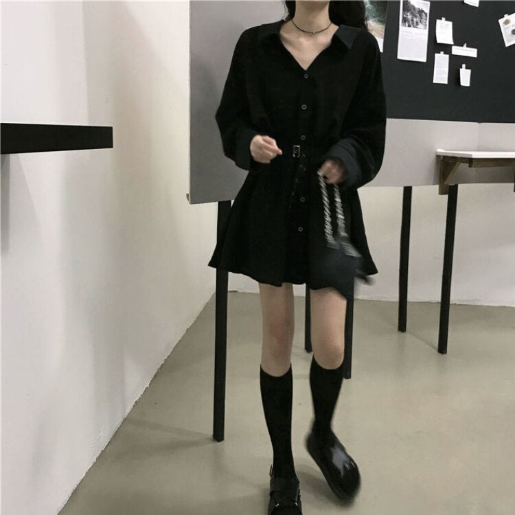 swvws Goth Long Sleeve Dress Women Plus Size Harajuku Punk Black Mini Dresses Autumn Lace Up High Waist A-Line Vintage Gothic Clothes