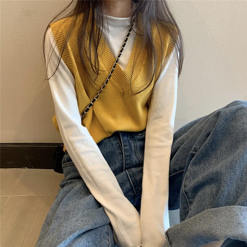 swvws Women's Knitted Vest Simple Solid Sleeveless Pullover Autumn Winter Korean V Neck Loose Sweater Vest Female Waistcoat Chic Tops