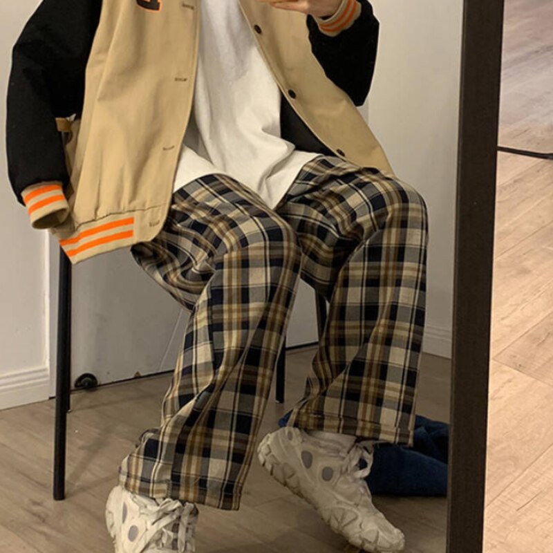 swvws Harajuku Plaid Pants Women Wide Leg Long Straight Trousers Korean Style High Waist Checkered Thin Trousers Streetwear Pants