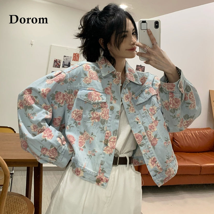 swvws Autumn Women's Denim Cropped Jacket Vintage Floral Print Single Breasted Short Jeans Jacket Female Casual Long Sleeve Loose Coat