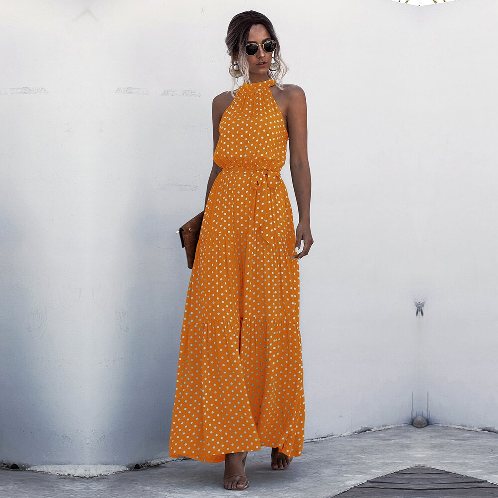 Summer Long Floral Halter Dress Women New Casual Slim Leopard Bandage Ladies Dot Print Beach Style Maxi Dresses