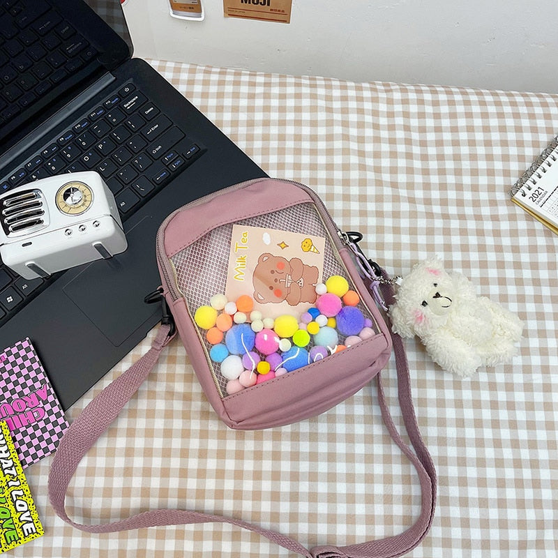 swvws Japanese Style Kawaii Bag Women itabag Transparent Pocket Colorful Hairballs Crossbody Bags Women Shoulder Bag With Card Bolsos