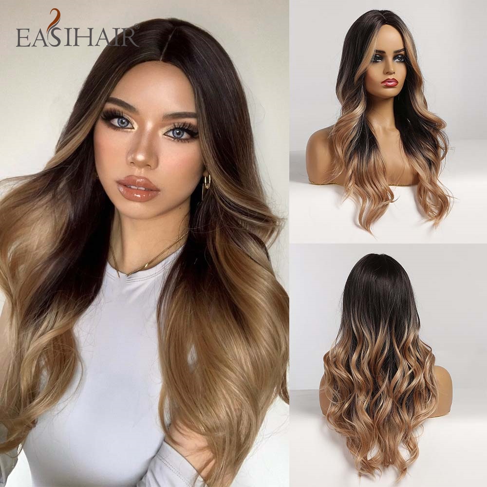 swvws  Long Body Wave Wigs Ombre Black Brown Blonde Synthetic Wig Cosplay Middle Part Natural Heat Resistant Wig For Women