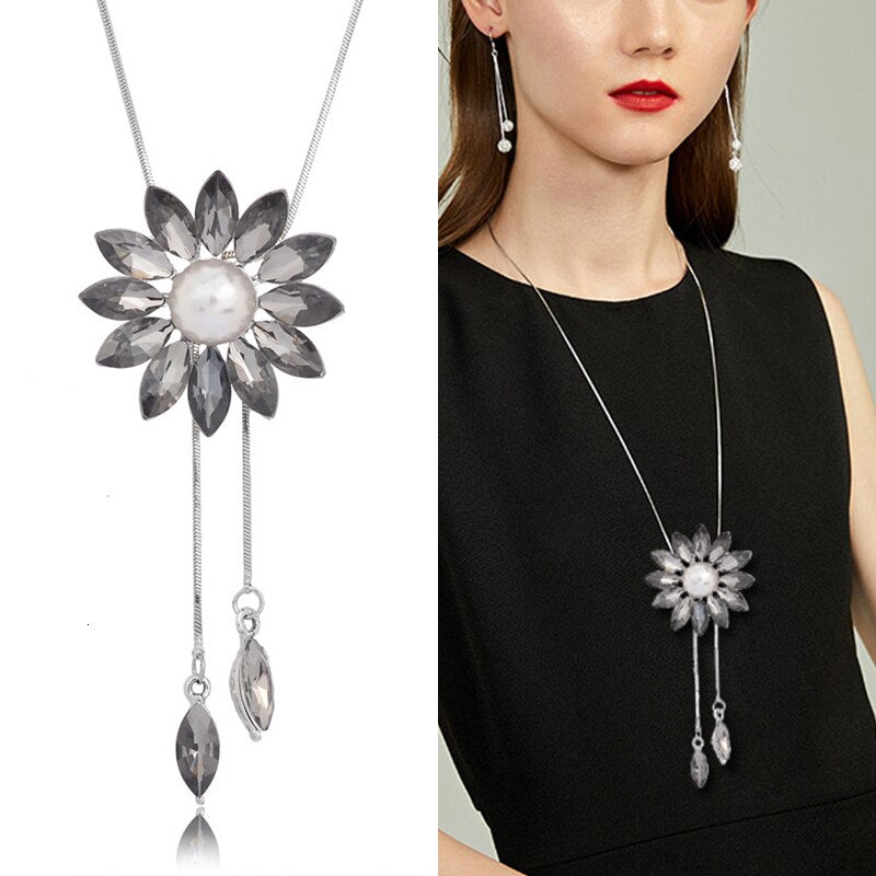 swvws Sunflower Crystal Pendant Necklace Women Fashion Blue White Rhinestone Long Chain Necklaces & Pendants Jewelry