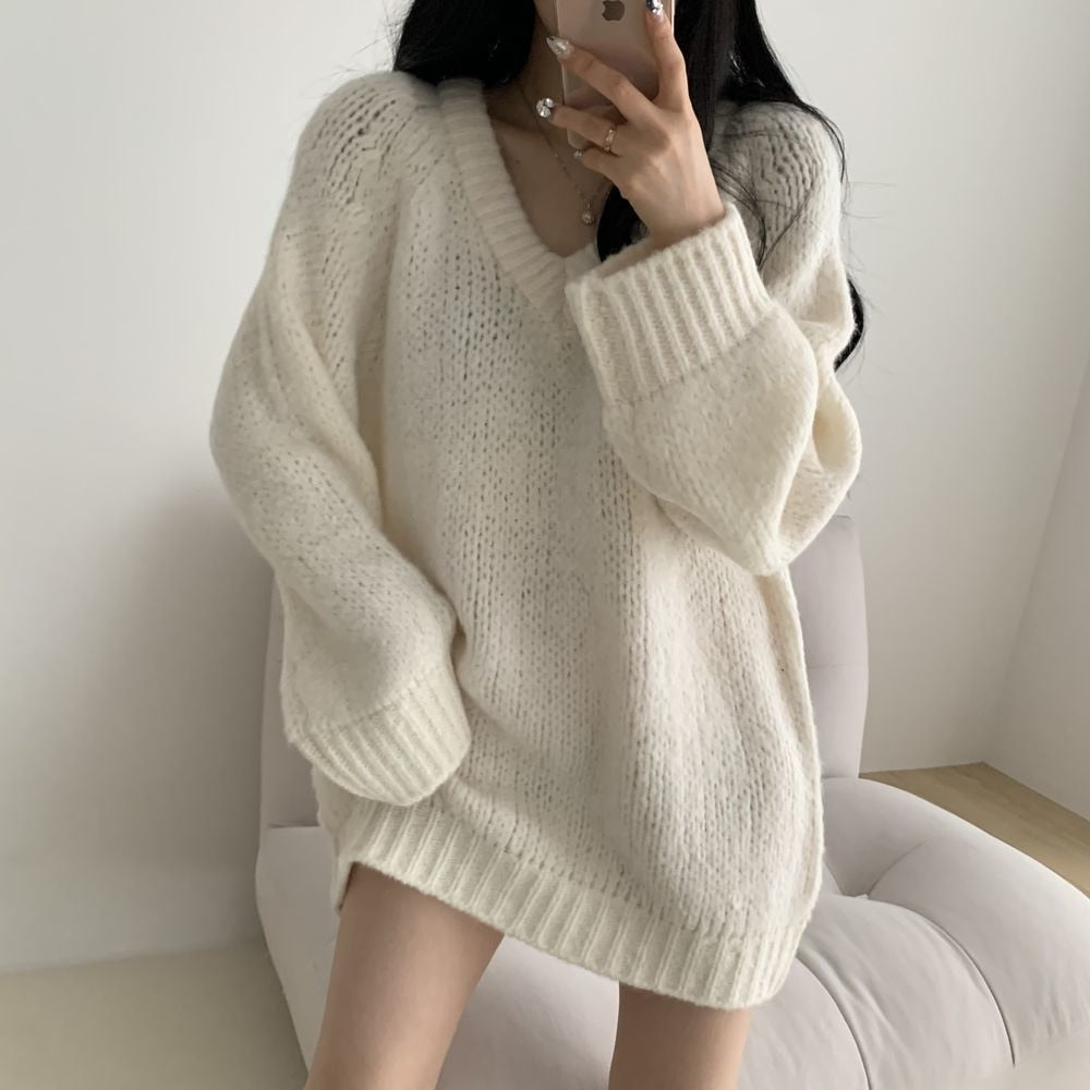 swvws  Women V-Neck Pullovers Simple Loose O-Neck Oversize Autumn Sweaters Knitted Korean Fashion Long Sleeve Sweater Top