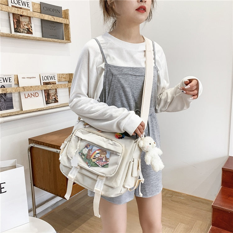 swvws  Korean Student Preppy Style Messenger Bag Large-capacity Shoulder Bag Women Nylon Bag Transparent Pocket Crossbody Bag Satchels