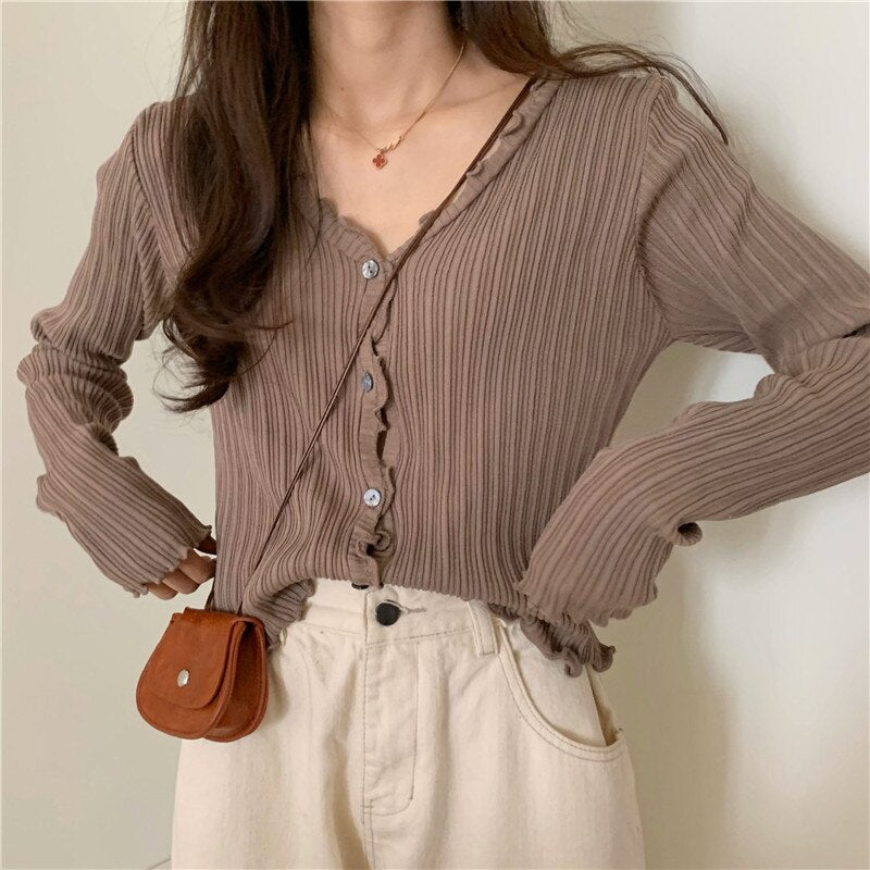 swvws Korean Short Sweater Women V-Neck Thin Cardigan Fashion Long Sleeve Button Slim Knitted Sweater Sun Protection Cropped Top Mujer