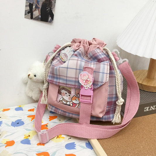 swvws New Summer Bucket Bag Women Plaid Nylon Bag Girls Small Crossbody Bags Handbag Mobile Phone Bag Drawstring Shoulder Bag Bolsos