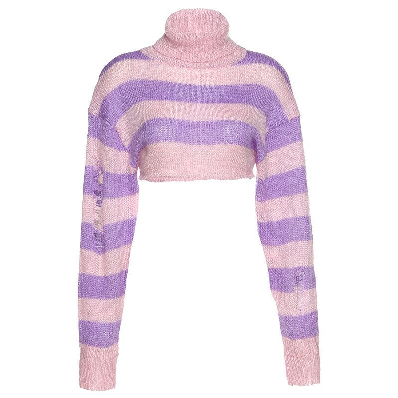 swvws  Women Turtleneck Sweater Pink And Purple Striped Hole Cropped Pullover Sweaters Fashion Batwing Sleeve Knitwear Clothing