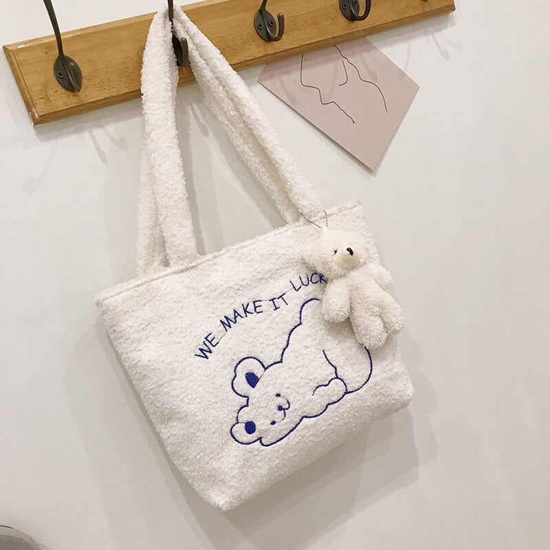 swvws  Women's Bag New Plush Tote Bag For Women  Cartoon Embroidery Handbag Women Shoulder Bag Shopper Bag Winter Bags Bolsa Mujer