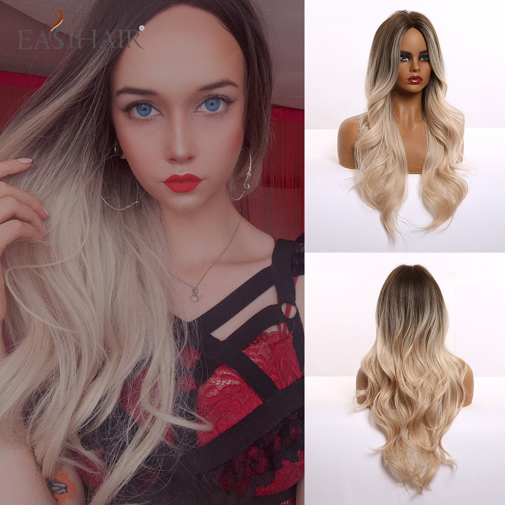 swvws  Long Body Wave Wigs Ombre Black Brown Blonde Synthetic Wig Cosplay Middle Part Natural Heat Resistant Wig For Women