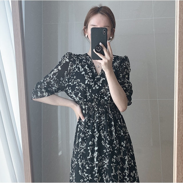 swvws Vintage Korea Fashion Clothing Summer Slim Elastic Waist A Line V Neck Elegant Office Lady Floral Chic Chiffon Long Dress Retro