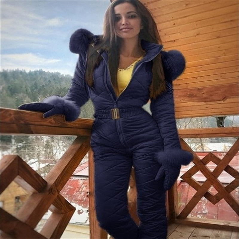 swvws One-Piece Ski Suit Women Snow Coveralls Mountain Ski Fleece Jumpsuit Super Warm Winter Ski Jacket Pants Breathable Snow Suit